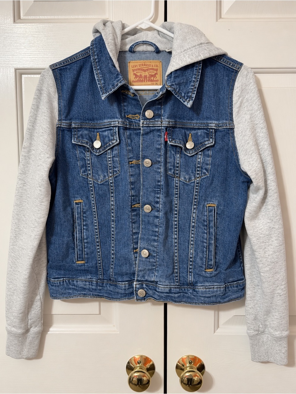 Levi's Blue Denim Jacket with Light Gray Hooded Sleeves S Junior/ M Youth